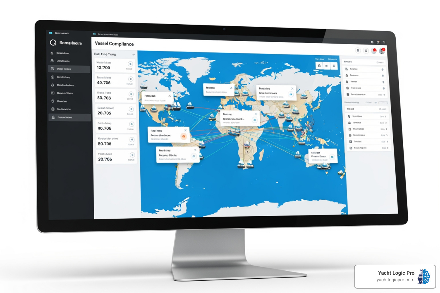 compliance software dashboard with a world map and vessel tracking alerts - Vessel compliance software