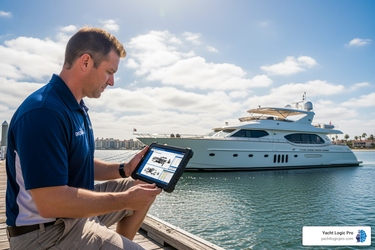 of a marine technician using a tablet on a dock with a yacht in the background - Digital work orders of a marine technician using a tablet on a dock with a yacht in the background - Digital work orders