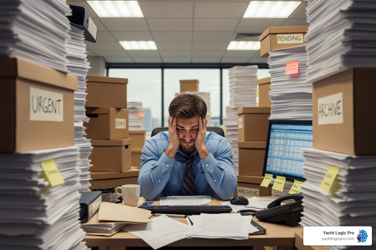 frustrated employee surrounded by paperwork and boxes - Automated inventory control