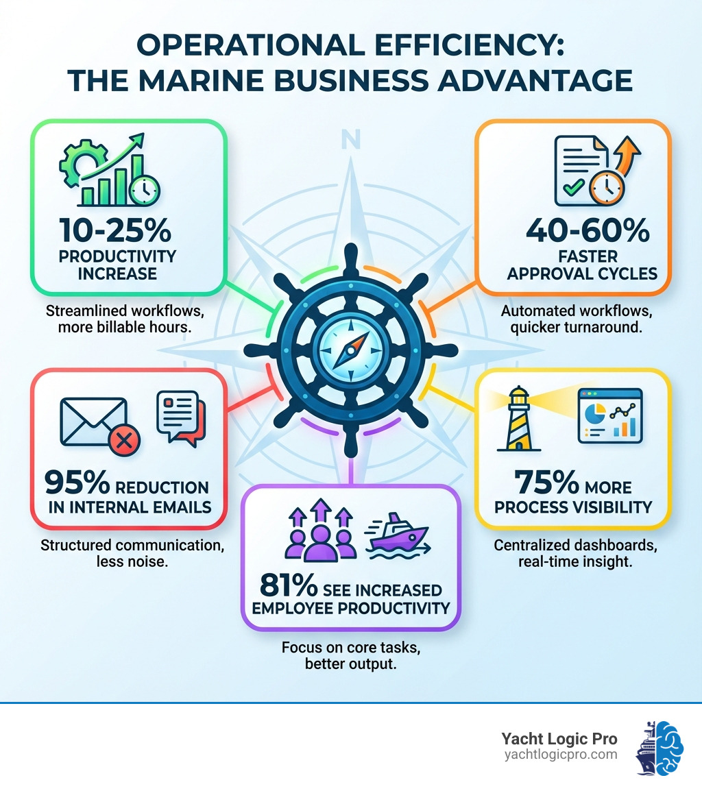 infographic showing the key benefits of operational efficiency software including 10-25% productivity increase, 40-60% faster approval cycles, 75% more process visibility through centralized dashboards, 95% reduction in internal emails, and 81% of companies seeing increased employee productivity after implementation - Operational efficiency software infographic 