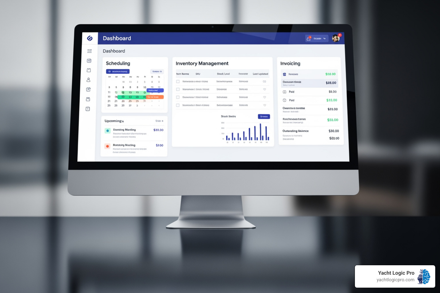 software dashboard showing multiple modules like scheduling, inventory, and invoicing - Operational efficiency software