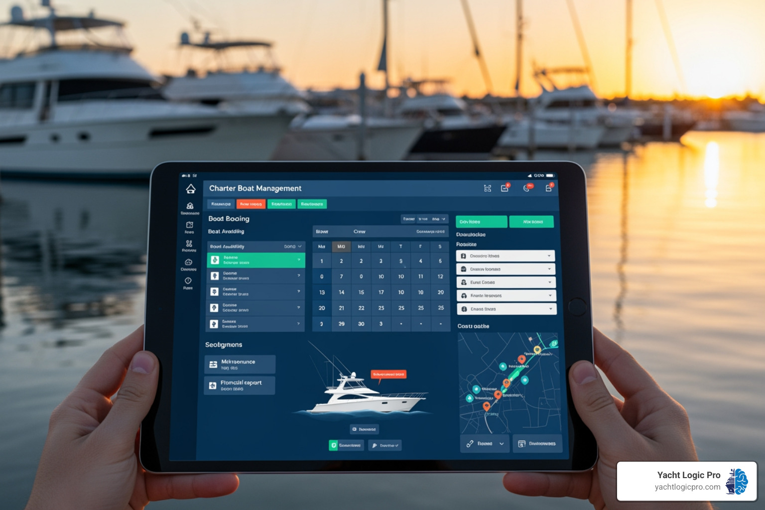 software dashboard showing a calendar with multiple boat bookings - charter boat management software