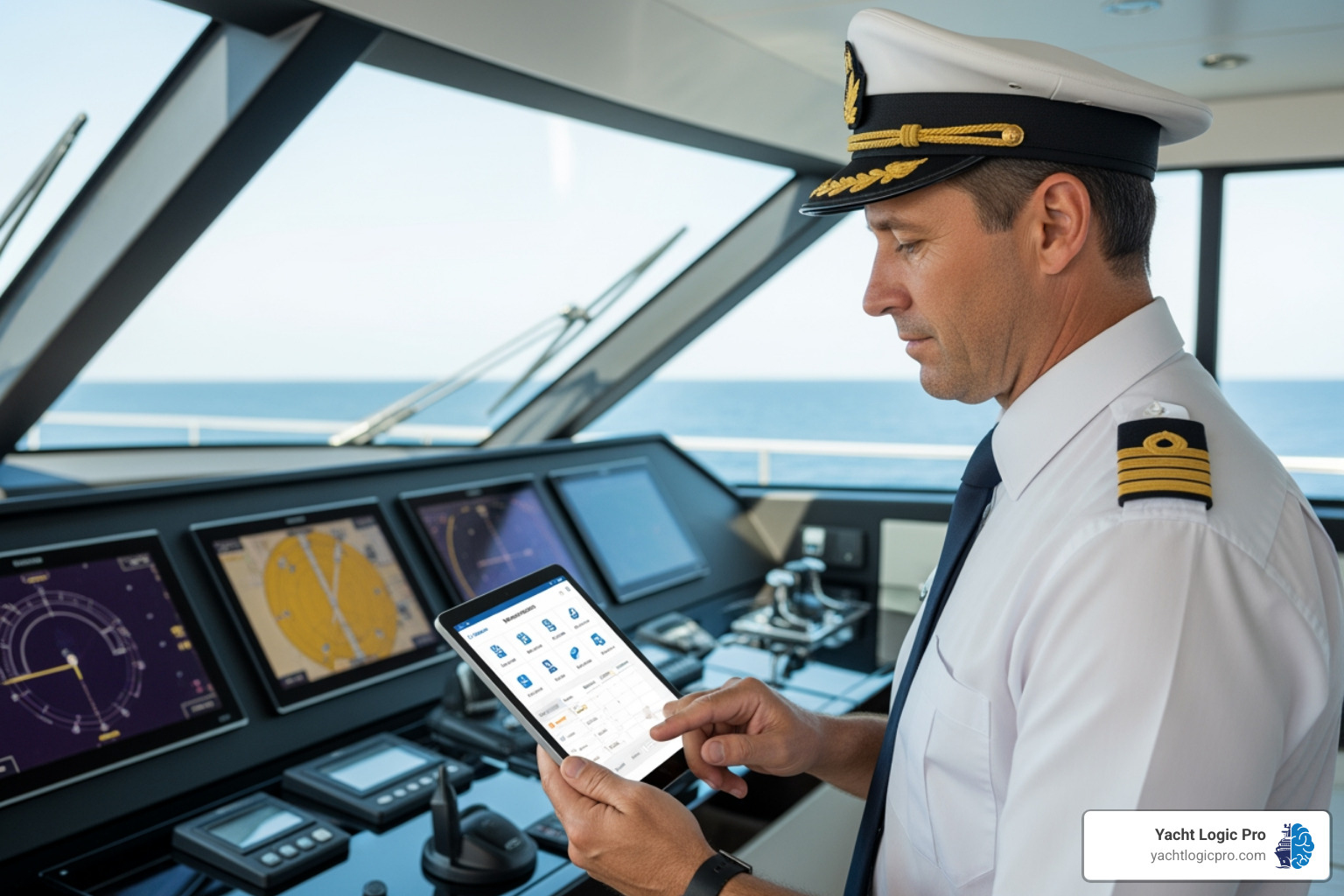 captain using tablet - yacht maintenance software
