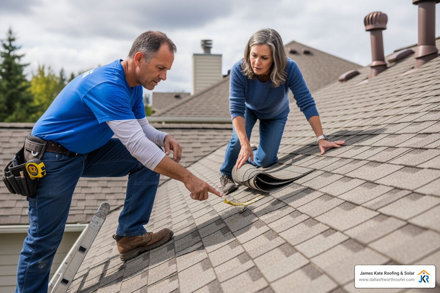James Kate Roofing professional in a royal blue shirt (no hard hat) carefully examining a residential roof, pointing out an area of concern to a homeowner. - i need a roofer James Kate Roofing professional in a royal blue shirt (no hard hat) carefully examining a residential roof, pointing out an area of concern to a homeowner. - i need a roofer