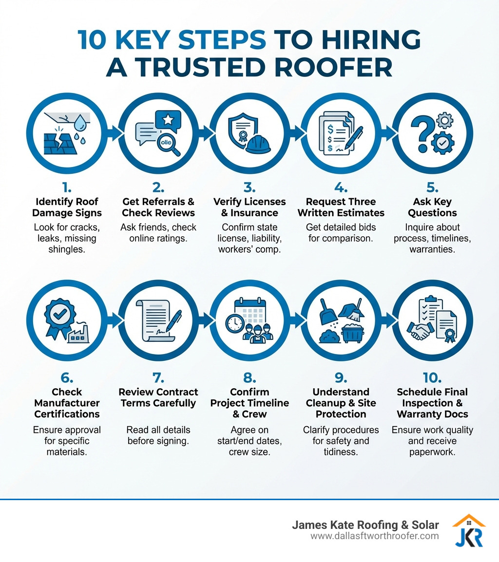 Infographic showing 10 key steps to hiring a roofer: 1. Identify roof damage signs, 2. Get referrals and check reviews, 3. Verify licenses and insurance, 4. Request three written estimates, 5. Ask key questions about process and warranties, 6. Check manufacturer certifications, 7. Review contract terms carefully, 8. Confirm project timeline and crew size, 9. Understand cleanup and site protection procedures, 10. Schedule final inspection and warranty documentation - i need a roofer infographic Infographic showing 10 key steps to hiring a roofer: 1. Identify roof damage signs, 2. Get referrals and check reviews, 3. Verify licenses and insurance, 4. Request three written estimates, 5. Ask key questions about process and warranties, 6. Check manufacturer certifications, 7. Review contract terms carefully, 8. Confirm project timeline and crew size, 9. Understand cleanup and site protection procedures, 10. Schedule final inspection and warranty documentation - i need a roofer infographic
