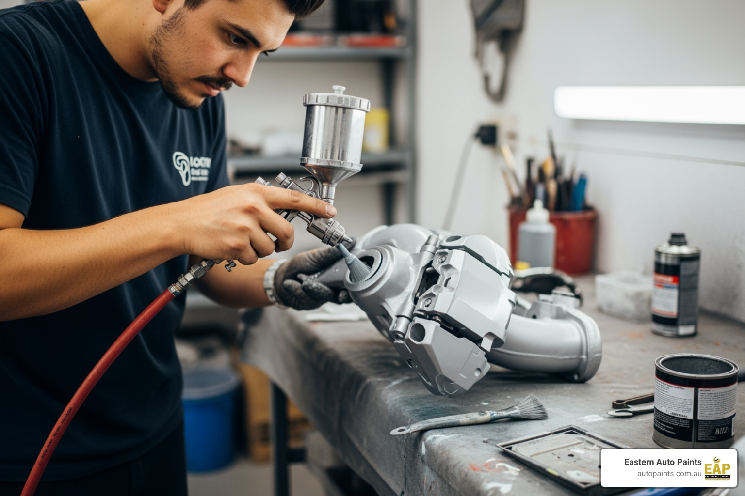 Professional application of silver automotive heat resistant paint on a high-performance system.