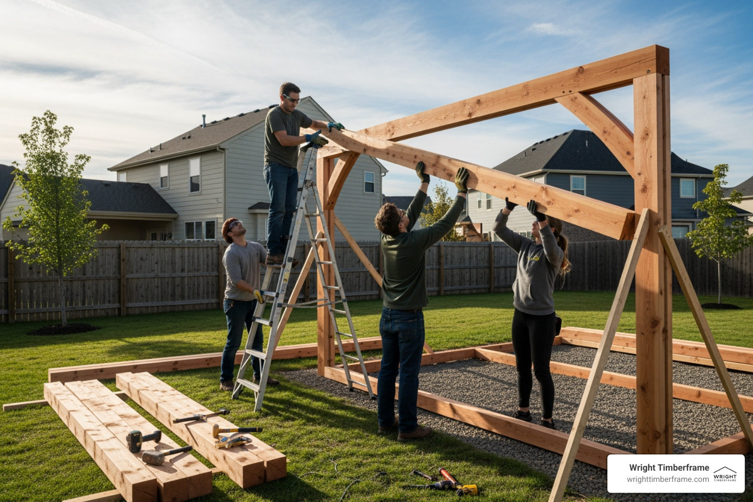 Crew assembling a custom timber frame pavilion using precision-cut beams and traditional joinery in a residential backyard setting. Group of four people assembling a timber frame pavilion in a backyard, showcasing collaboration and craftsmanship, with tools and materials visible, emphasizing the construction process relevant to Wright Timberframe's custom builds and kits.