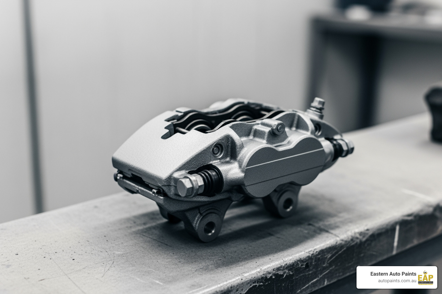 A close-up of a high-performance brake caliper finished in silver automotive heat resistant paint.