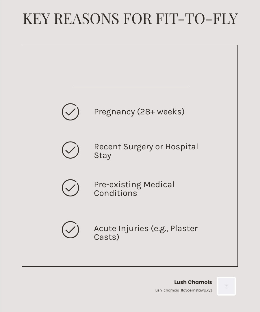 Infographic showing five scenarios requiring a fit-to-fly certificate: a pregnant woman at 28+ weeks, a patient post-surgery with bandages, a person with a heart condition holding medication, someone with a fresh plaster cast on their arm, and a traveler heading to medical treatment abroad, each with airplane icons and checkmarks indicating certificate requirement - Fit-to-fly certificate infographic checklist-light-beige