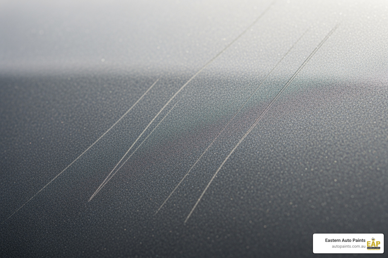 A macro shot of deep scratches on a car panel to illustrate why knowing what grit sandpaper for body filler is essential for repairs.