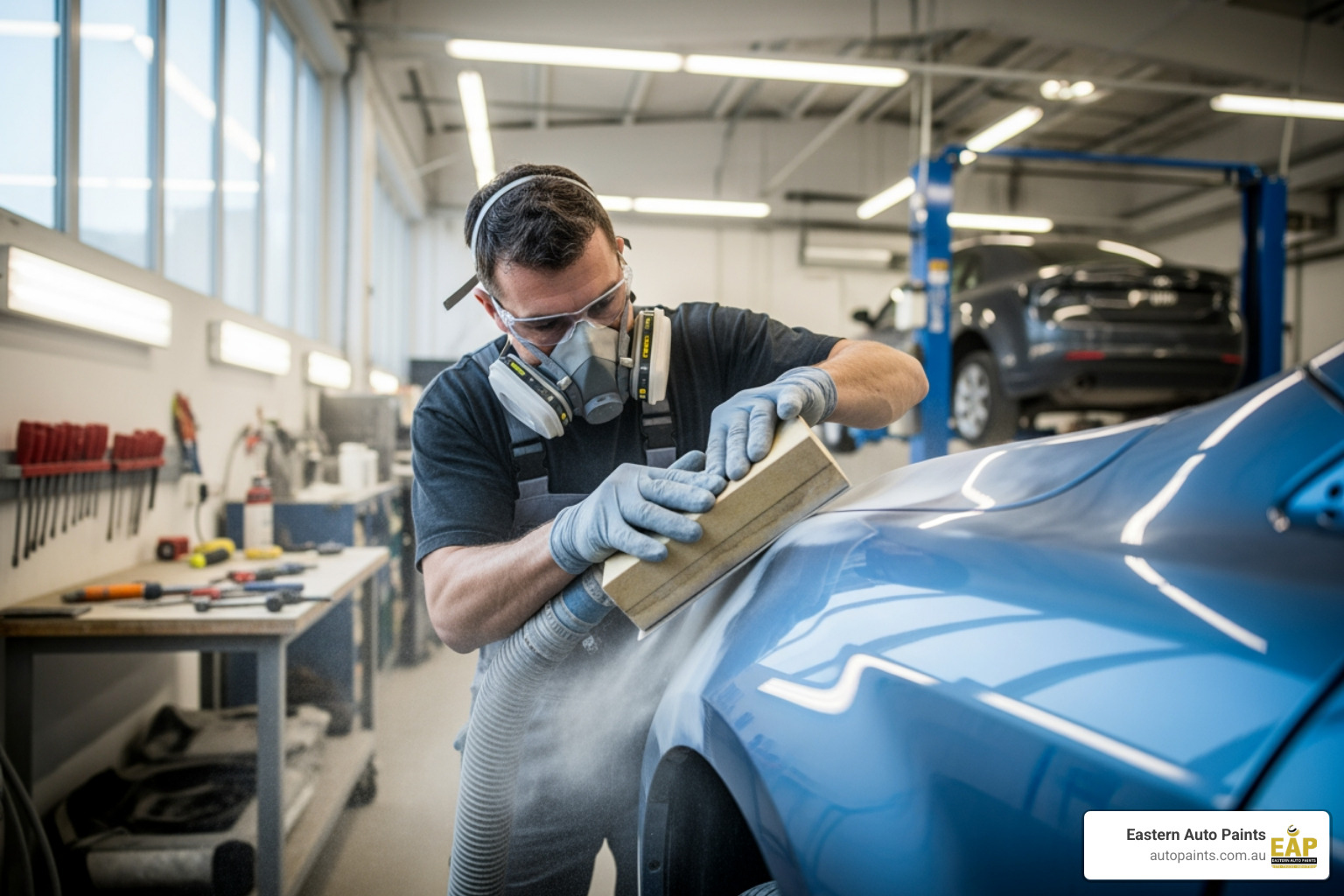 A technician using a sanding block and vacuum system to demonstrate what grit sandpaper for body filler is used for leveling.
