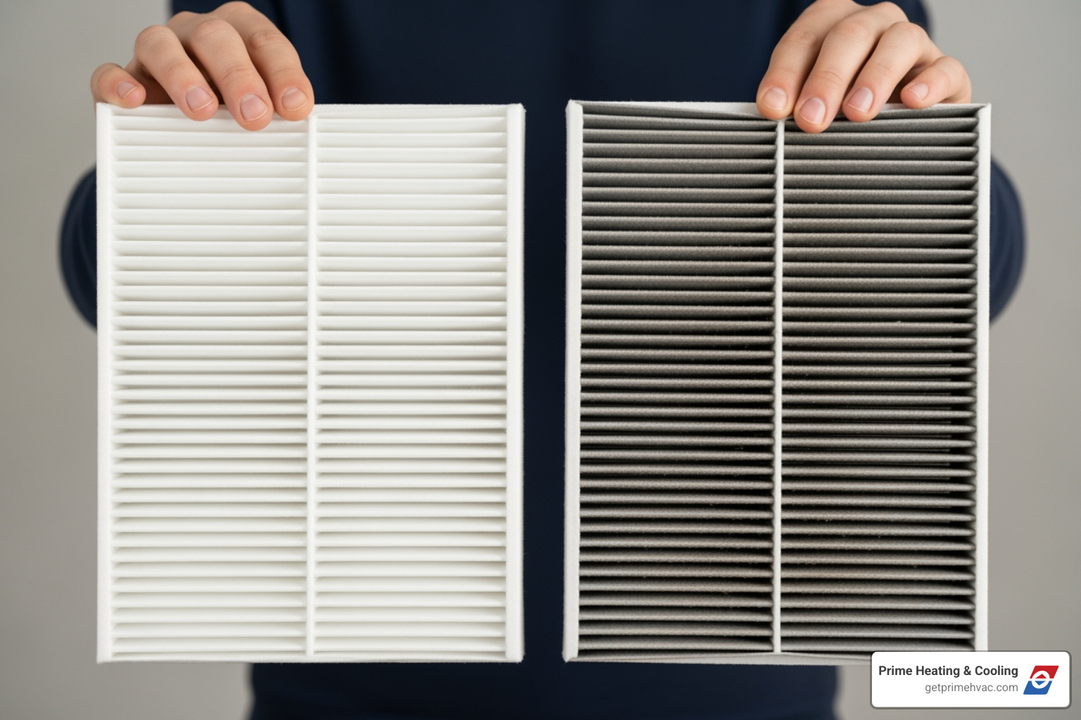 person holding clean and dirty air filter side-by-side - Thermostat won't turn on
