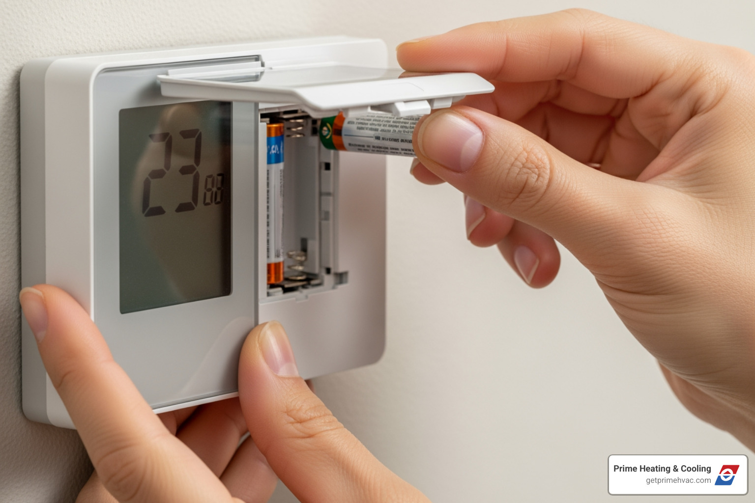 person changing thermostat batteries - Thermostat won't turn on
