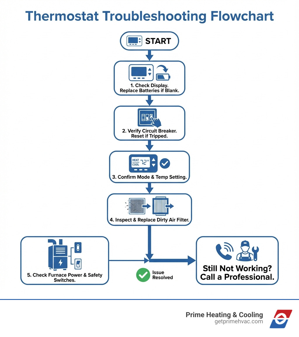 infographic showing troubleshooting flowchart: Step 1 - Check thermostat display and replace batteries if blank, Step 2 - Verify circuit breaker hasn't tripped and reset if needed, Step 3 - Confirm thermostat is set to Heat or Cool mode with proper temperature, Step 4 - Inspect and replace dirty air filter if clogged, Step 5 - Check furnace power switch and safety switches, then call professional if still not working - Thermostat won't turn on infographic 