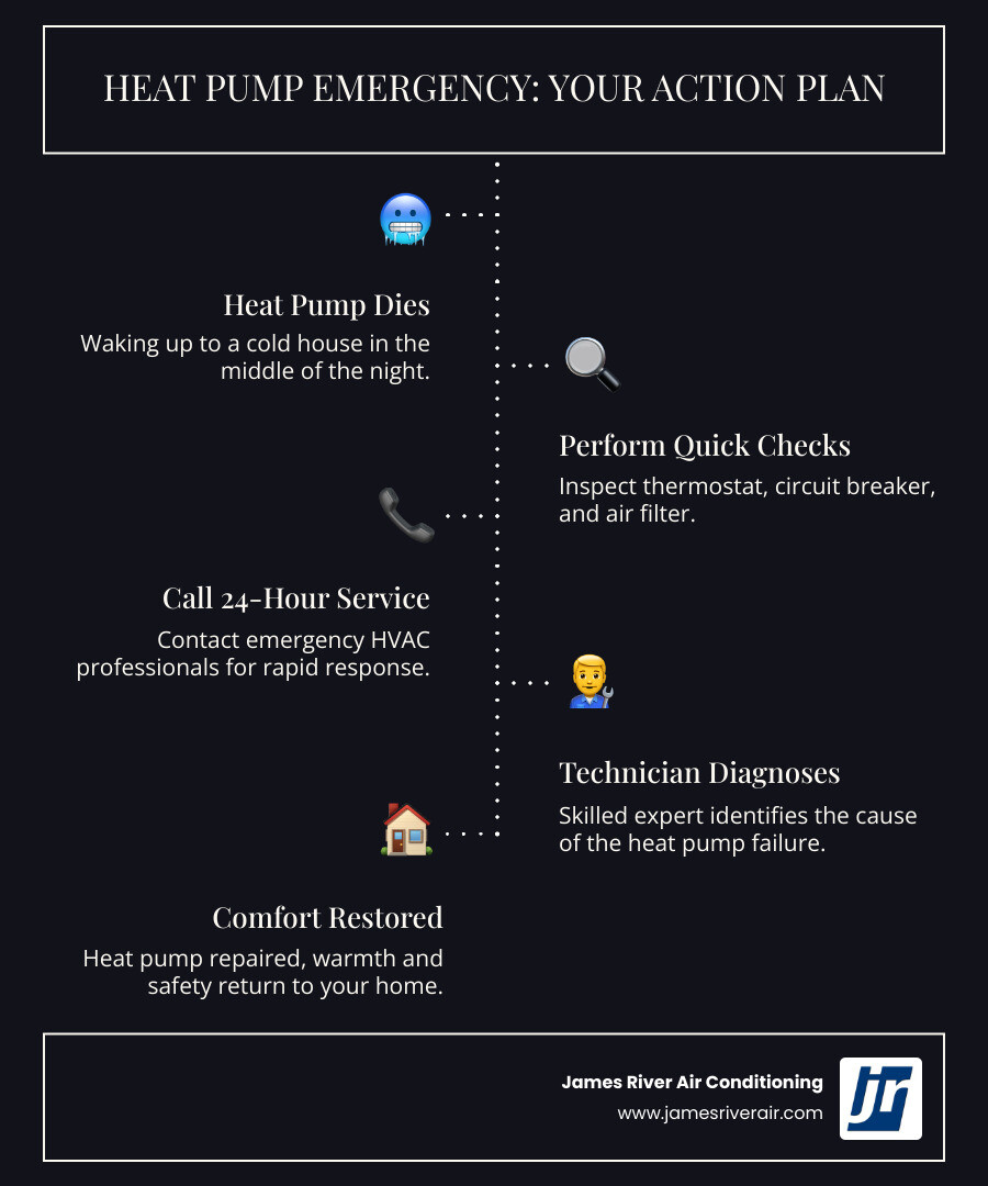 infographic showing step-by-step process: 1. Heat pump stops working at night 2. Check thermostat and breaker 3. Call 24-hour emergency service 4. Technician arrives and diagnoses problem 5. Repair completed and heat restored - infographic showing step-by-step process: 1. Heat pump stops working at night 2. Check thermostat and breaker 3. Call 24-hour emergency service 4. Technician arrives and diagnoses problem 5. Repair completed and heat restored -