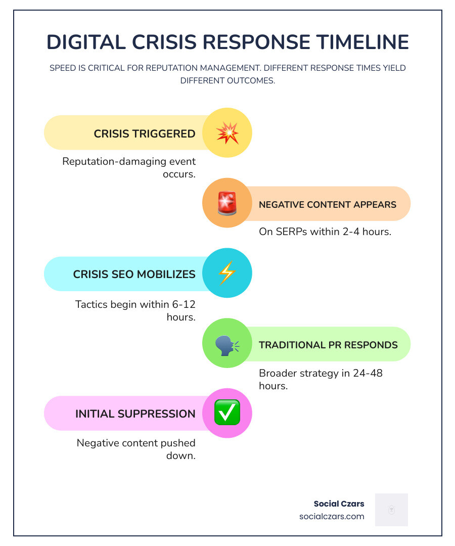 infographic showing timeline of digital crisis response: negative content appears in 2-4 hours, traditional PR response takes 24-48 hours, crisis SEO response begins in 6-12 hours with rapid content deployment and search optimization - Top 10 Crisis SEO Agencies infographic infographic-line-5-steps-colors infographic showing timeline of digital crisis response: negative content appears in 2-4 hours, traditional PR response takes 24-48 hours, crisis SEO response begins in 6-12 hours with rapid content deployment and search optimization - Top 10 Crisis SEO Agencies infographic infographic-line-5-steps-colors