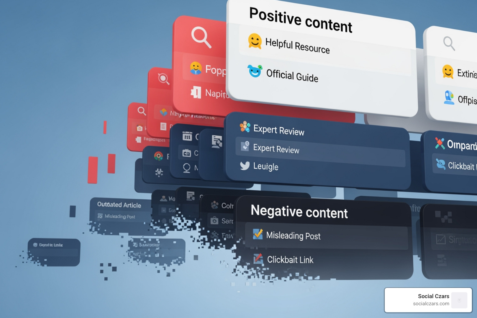 Strategic diagram showing positive content pushing down negative content in search results - Top 10 Crisis SEO Agencies Strategic diagram showing positive content pushing down negative content in search results - Top 10 Crisis SEO Agencies