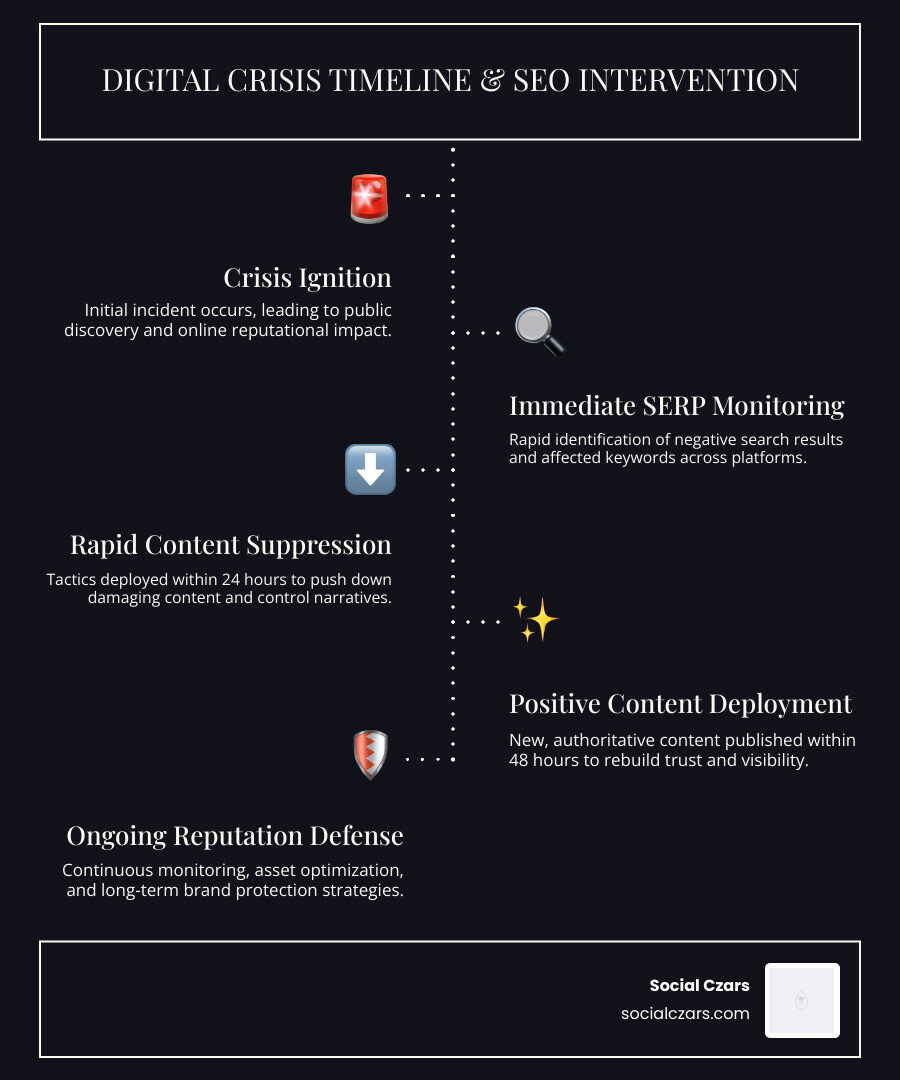 Infographic showing digital crisis timeline from incident to public discovery with SEO intervention points including immediate SERP monitoring, 24-hour content suppression, 48-hour positive content deployment, and ongoing reputation defense - Top 5 Crisis SEO Agencies in Miami infographic infographic-line-5-steps-dark Infographic showing digital crisis timeline from incident to public discovery with SEO intervention points including immediate SERP monitoring, 24-hour content suppression, 48-hour positive content deployment, and ongoing reputation defense - Top 5 Crisis SEO Agencies in Miami infographic infographic-line-5-steps-dark