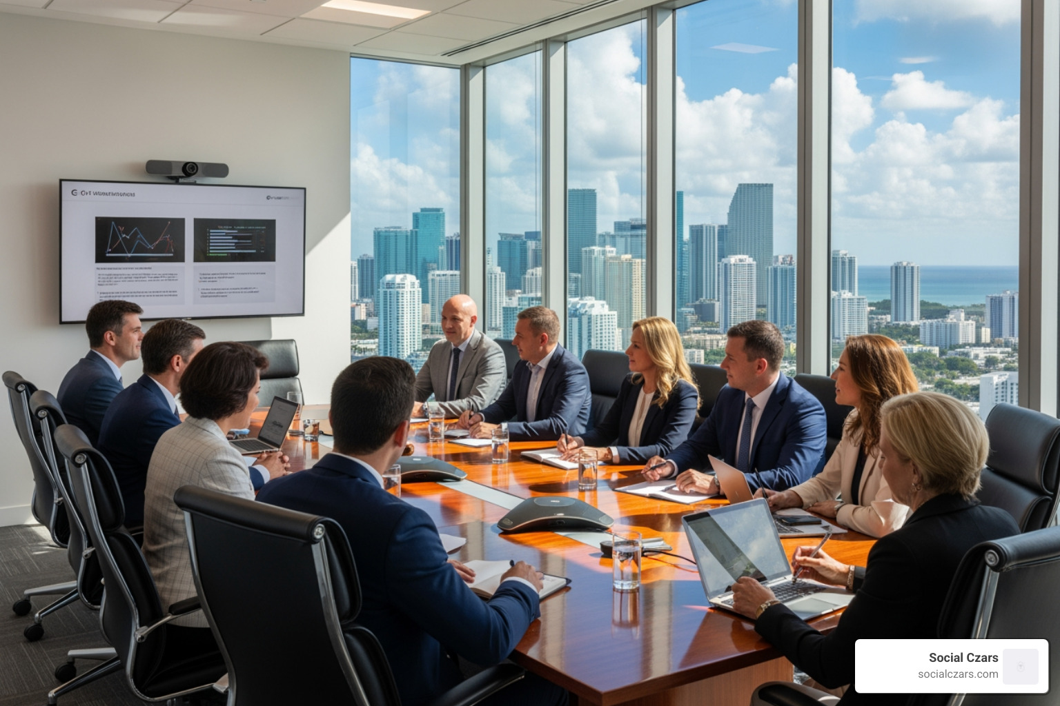 Boardroom meeting in a modern Miami office - Top 5 Crisis SEO Agencies in Miami Boardroom meeting in a modern Miami office - Top 5 Crisis SEO Agencies in Miami