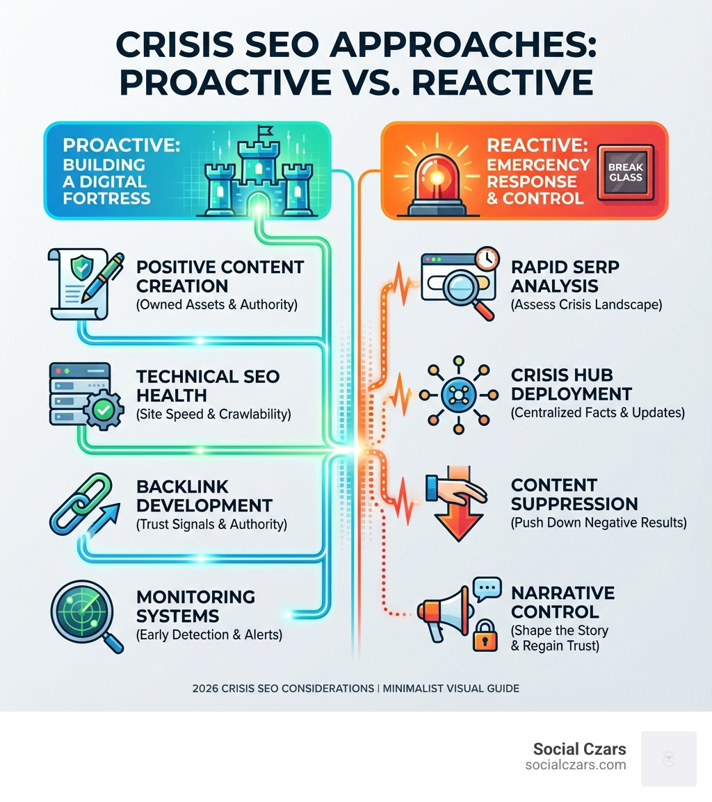 Infographic comparing Proactive Crisis SEO (left side showing fortress building: positive content creation, technical SEO health, backlink development, monitoring systems) versus Reactive Crisis SEO (right side showing emergency response: rapid SERP analysis, crisis hub deployment, content suppression, narrative control) - Best Crisis SEO Agencies: Key Considerations infographic 