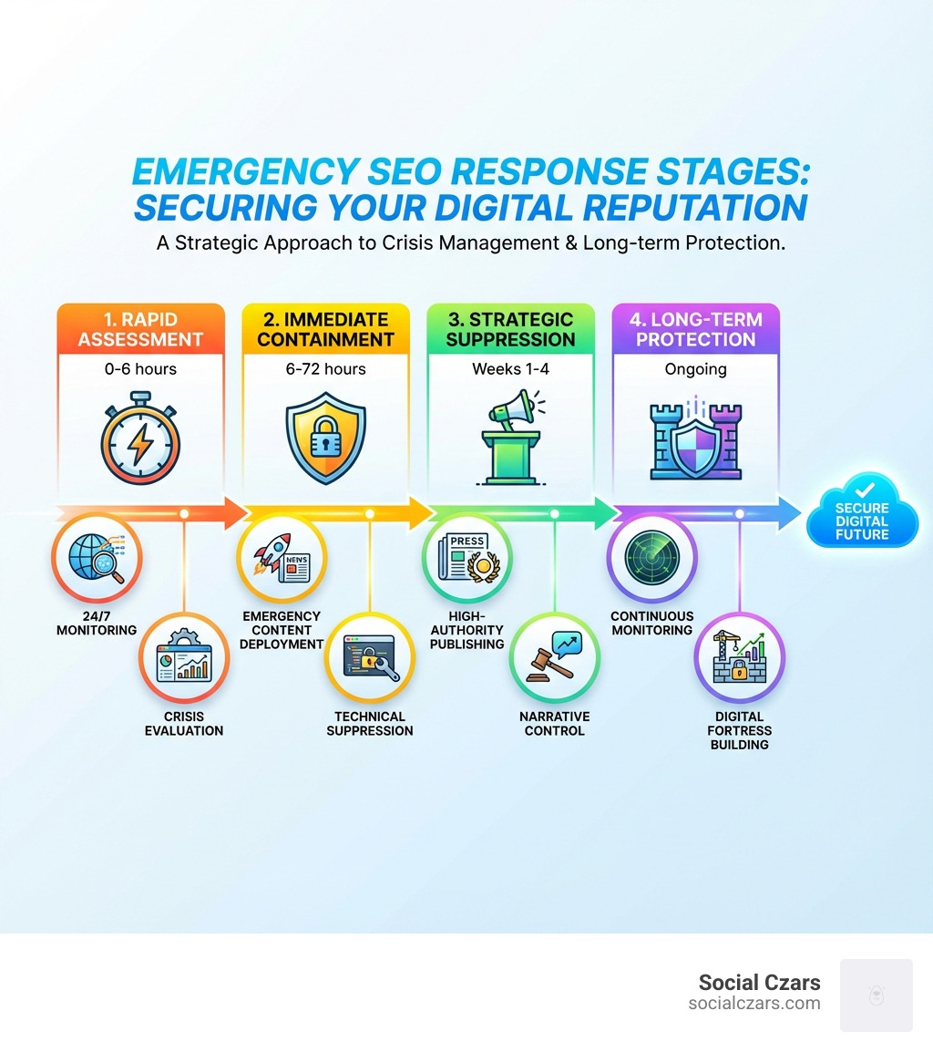 Infographic showing emergency SEO response stages: 1. Rapid Assessment (0-6 hours) with 24/7 monitoring and crisis evaluation, 2. Immediate Containment (6-72 hours) with emergency content deployment and technical suppression, 3. Strategic Suppression (Weeks 1-4) with high-authority publishing and narrative control, 4. Long-term Protection (Ongoing) with continuous monitoring and digital fortress building - Top Agencies for Emergency SEO in Miami: Social Czars is infographic Infographic showing emergency SEO response stages: 1. Rapid Assessment (0-6 hours) with 24/7 monitoring and crisis evaluation, 2. Immediate Containment (6-72 hours) with emergency content deployment and technical suppression, 3. Strategic Suppression (Weeks 1-4) with high-authority publishing and narrative control, 4. Long-term Protection (Ongoing) with continuous monitoring and digital fortress building - Top Agencies for Emergency SEO in Miami: Social Czars is infographic