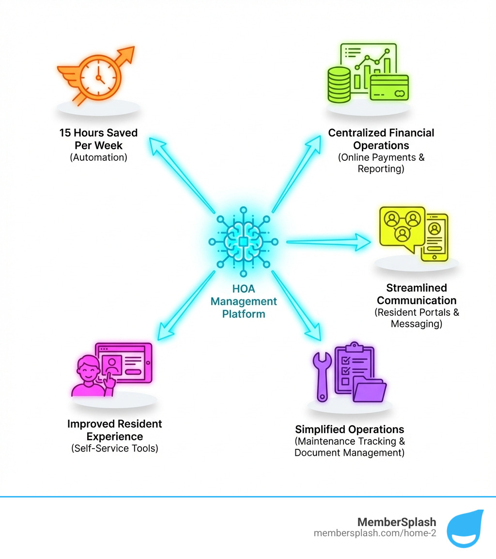 Infographic showing HOA management platform benefits: 15 hours saved per week through automation, centralized financial operations with online payments and reporting, streamlined communication via resident portals and messaging, simplified operations including maintenance tracking and document management, improved resident experience through self-service tools - HOA management platform infographic Infographic showing HOA management platform benefits: 15 hours saved per week through automation, centralized financial operations with online payments and reporting, streamlined communication via resident portals and messaging, simplified operations including maintenance tracking and document management, improved resident experience through self-service tools - HOA management platform infographic