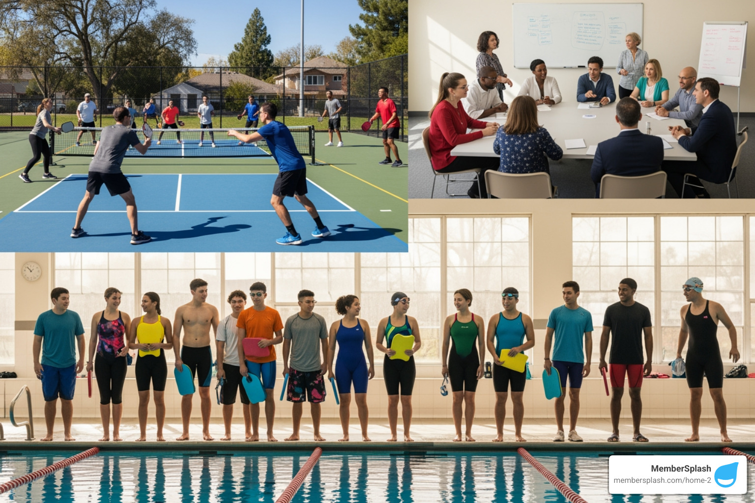 Diverse groups like a swim team, HOA community meeting, and a sports club - club membership software Diverse groups like a swim team, HOA community meeting, and a sports club - club membership software