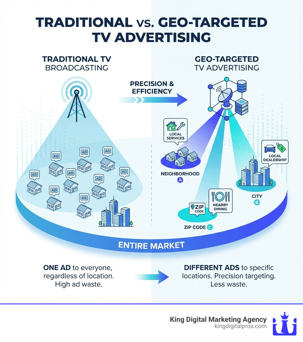 Infographic Showing Traditional Tv Broadcasting One Ad To Entire Market Versus Geo-Targeted Tv Serving Different Ads To Specific Neighborhoods, Cities, And Zip Codes Within Same Market - Geo-Targeted Tv Advertising Infographic 