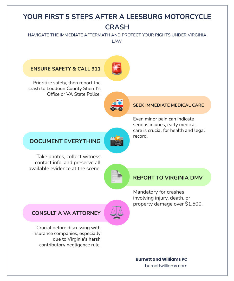 Step-by-step flowchart showing immediate actions after a motorcycle crash in Virginia: (1) Ensure safety and call 911, (2) Receive medical evaluation at scene or hospital, (3) Report crash to Virginia authorities within 24 hours, (4) Document scene with photos and witness info, (5) Contact Virginia motorcycle accident attorney before speaking to insurance, with warning callout about Virginia's contributory negligence rule, Leesburg motorcycle crash infographic infographic-line-5-steps-colors Step-by-step flowchart showing immediate actions after a motorcycle crash in Virginia: (1) Ensure safety and call 911, (2) Receive medical evaluation at scene or hospital, (3) Report crash to Virginia authorities within 24 hours, (4) Document scene with photos and witness info, (5) Contact Virginia motorcycle accident attorney before speaking to insurance, with warning callout about Virginia's contributory negligence rule, Leesburg motorcycle crash infographic infographic-line-5-steps-colors