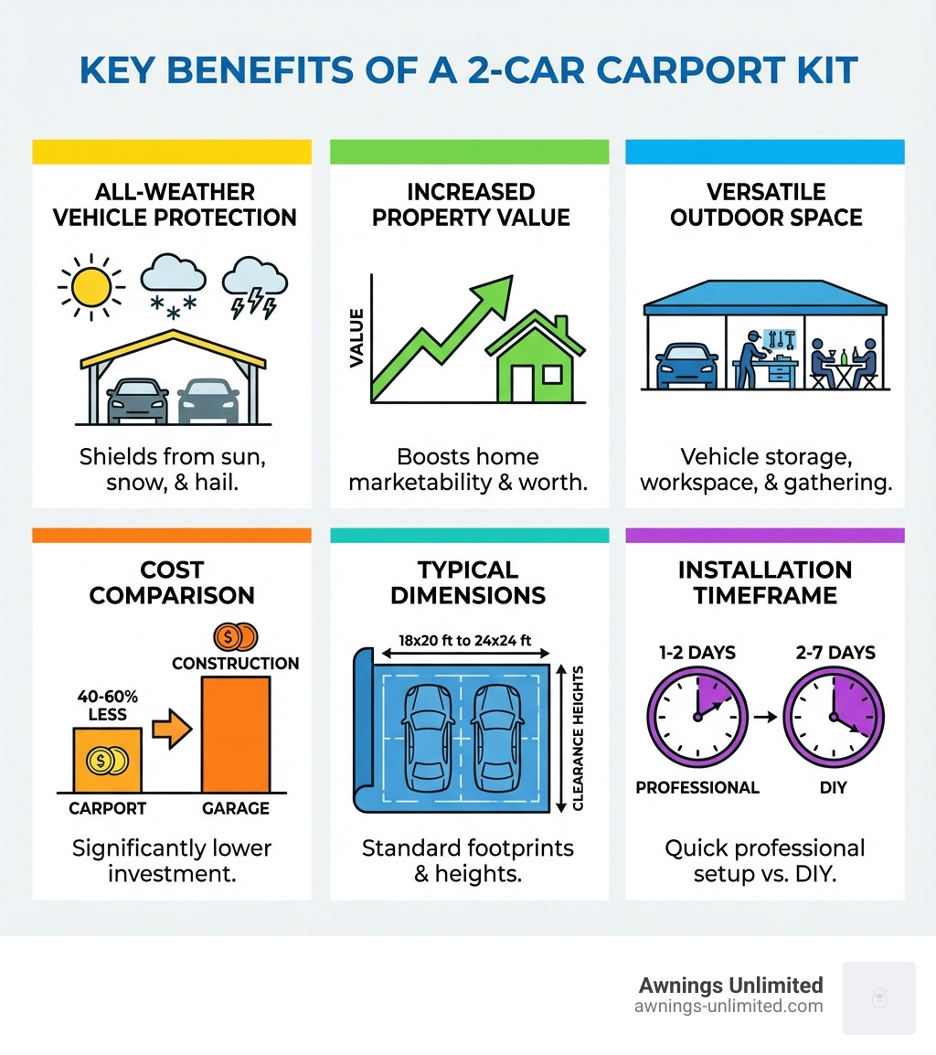 Infographic showing the key benefits of a 2-car carport: Protection from sun, snow, and hail with weather icons; Increased property value shown with upward trending house value graph; Versatile outdoor space illustrated with multiple uses like vehicle storage, covered workspace, and gathering area; Cost comparison showing carport as 40-60% less expensive than garage construction; Typical dimensions of 18x20 ft to 24x24 ft with clearance heights; Installation timeframe of 1-2 days for professional vs 2-7 days for DIY - 2 car carport kit infographic Infographic showing the key benefits of a 2-car carport: Protection from sun, snow, and hail with weather icons; Increased property value shown with upward trending house value graph; Versatile outdoor space illustrated with multiple uses like vehicle storage, covered workspace, and gathering area; Cost comparison showing carport as 40-60% less expensive than garage construction; Typical dimensions of 18x20 ft to 24x24 ft with clearance heights; Installation timeframe of 1-2 days for professional vs 2-7 days for DIY - 2 car carport kit infographic