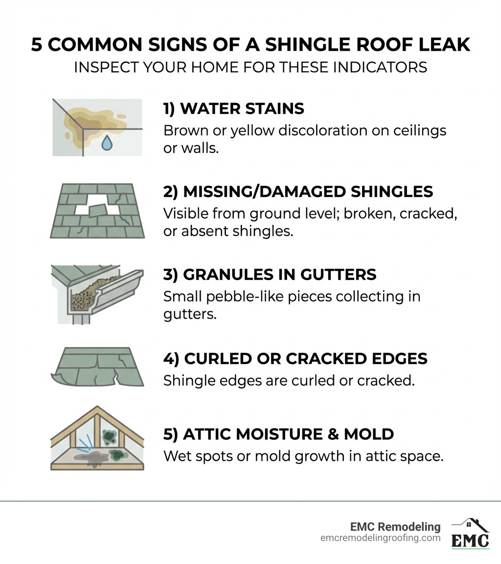 Infographic showing the 5 most common signs of a shingle roof leak: 1) Water stains on ceiling or walls (brown or yellow discoloration), 2) Missing or damaged shingles visible from ground level, 3) Granules collecting in gutters (small pebble-like pieces), 4) Curled or cracked shingle edges, 5) Wet spots or mold in attic space. Each sign includes a simple icon and brief description of what to look for during inspection. - roof shingles leak repair infographic 