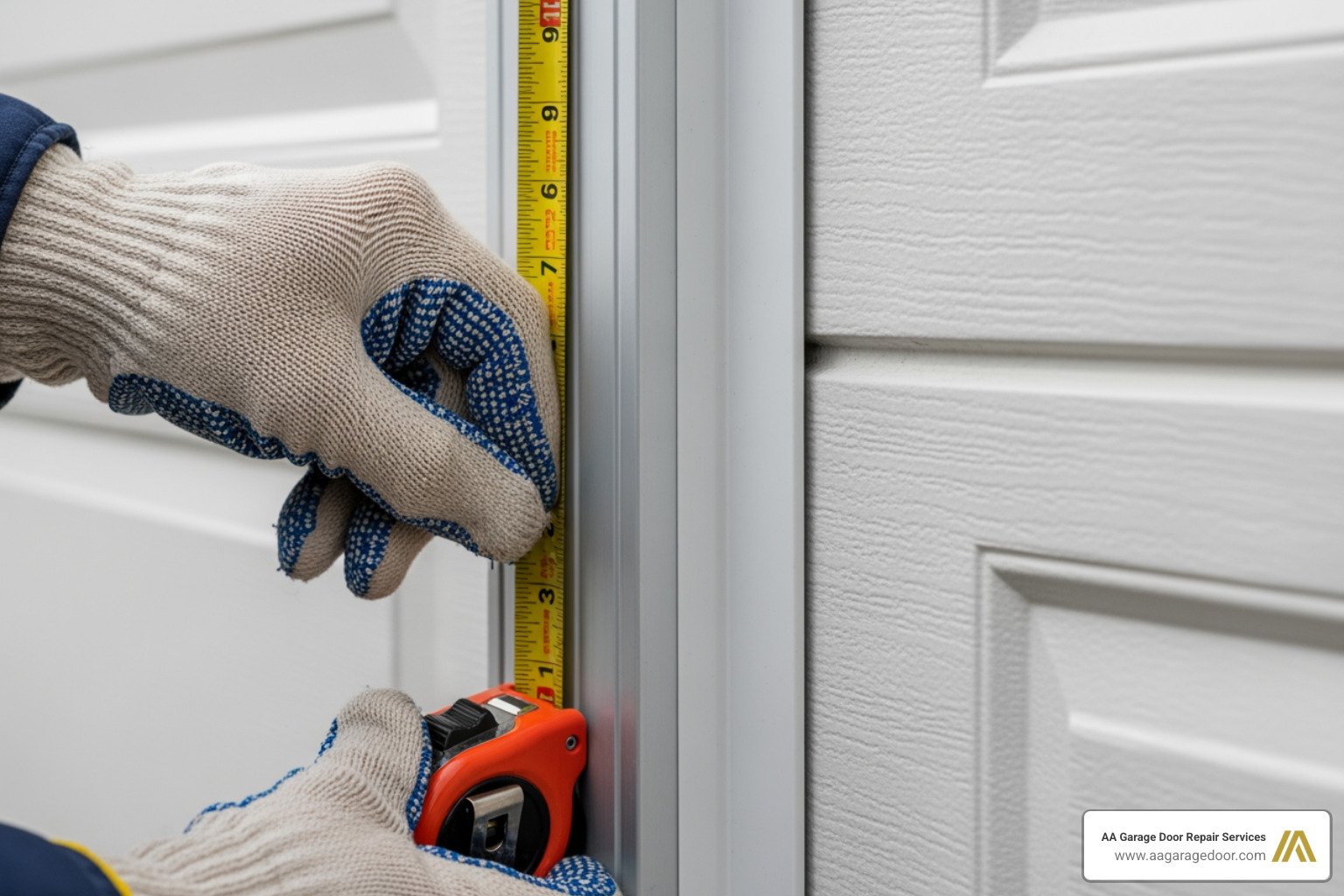 person checking gap between garage door and track with tape measure - Garage door track adjustment person checking gap between garage door and track with tape measure - Garage door track adjustment