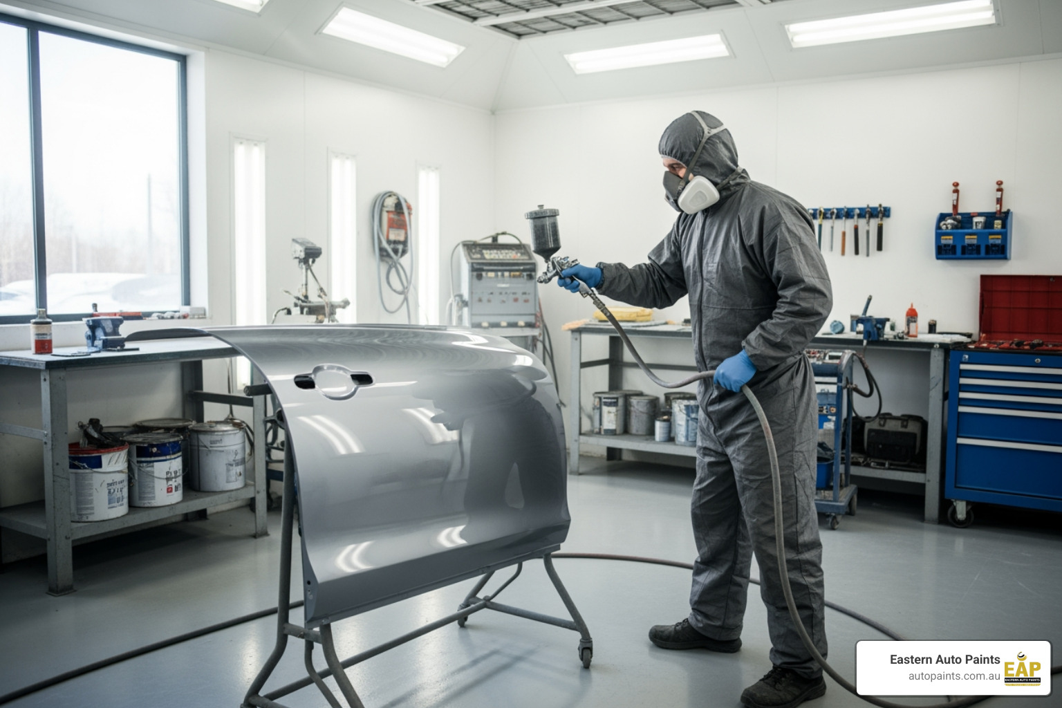 Expert technician spraying a test panel to achieve a perfect Car paint colour matching finish in a controlled workshop environment.
