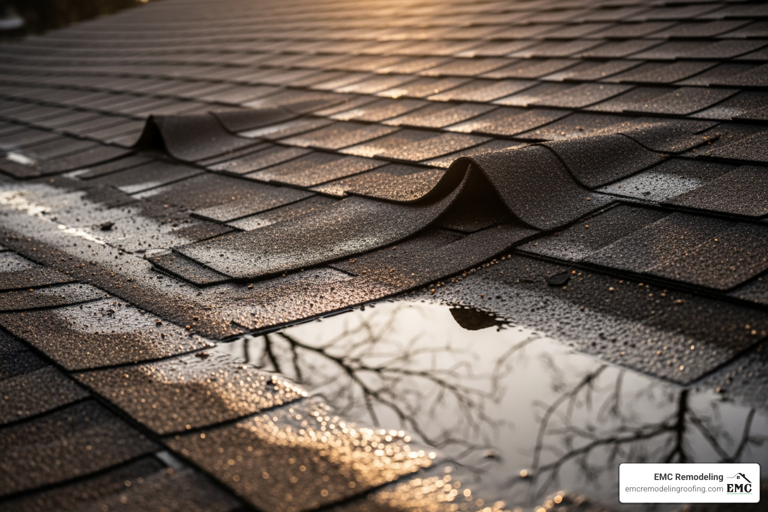 image of essential roofing repair tools laid out, such as a hammer, pry bar, utility knife, and roofing cement - roof shingles leak repair