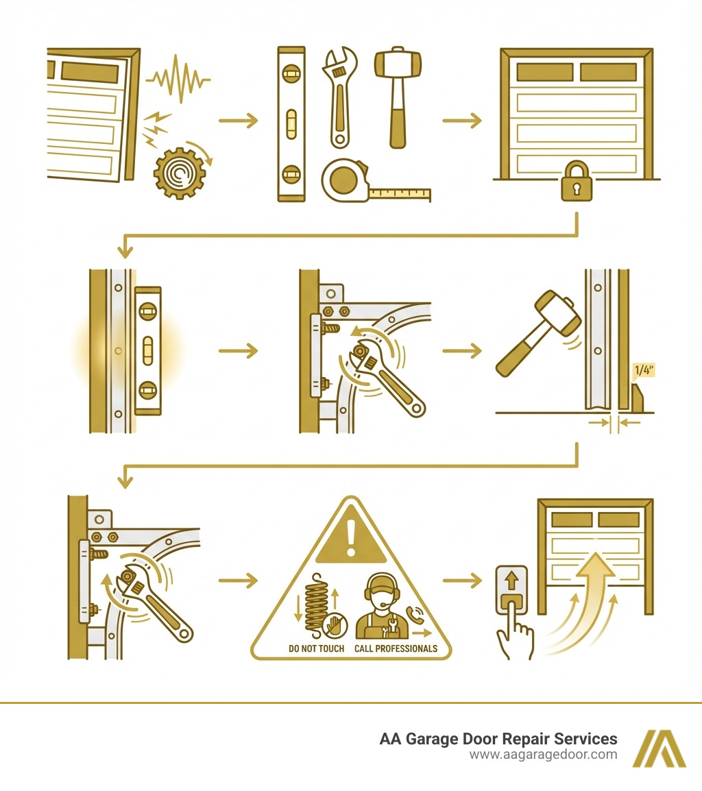 Infographic showing the complete garage door track adjustment process: Step 1 - Identify signs of misalignment (gaps, noise, binding); Step 2 - Gather tools (level, wrench, rubber mallet, tape measure); Step 3 - Close and secure door; Step 4 - Check vertical alignment with level; Step 5 - Loosen mounting bolts; Step 6 - Tap tracks into position maintaining 1/4-inch gap; Step 7 - Retighten bolts; Step 8 - Test door operation. Includes safety warning about spring tension and when to call professionals. - Garage door track adjustment infographic Infographic showing the complete garage door track adjustment process: Step 1 - Identify signs of misalignment (gaps, noise, binding); Step 2 - Gather tools (level, wrench, rubber mallet, tape measure); Step 3 - Close and secure door; Step 4 - Check vertical alignment with level; Step 5 - Loosen mounting bolts; Step 6 - Tap tracks into position maintaining 1/4-inch gap; Step 7 - Retighten bolts; Step 8 - Test door operation. Includes safety warning about spring tension and when to call professionals. - Garage door track adjustment infographic