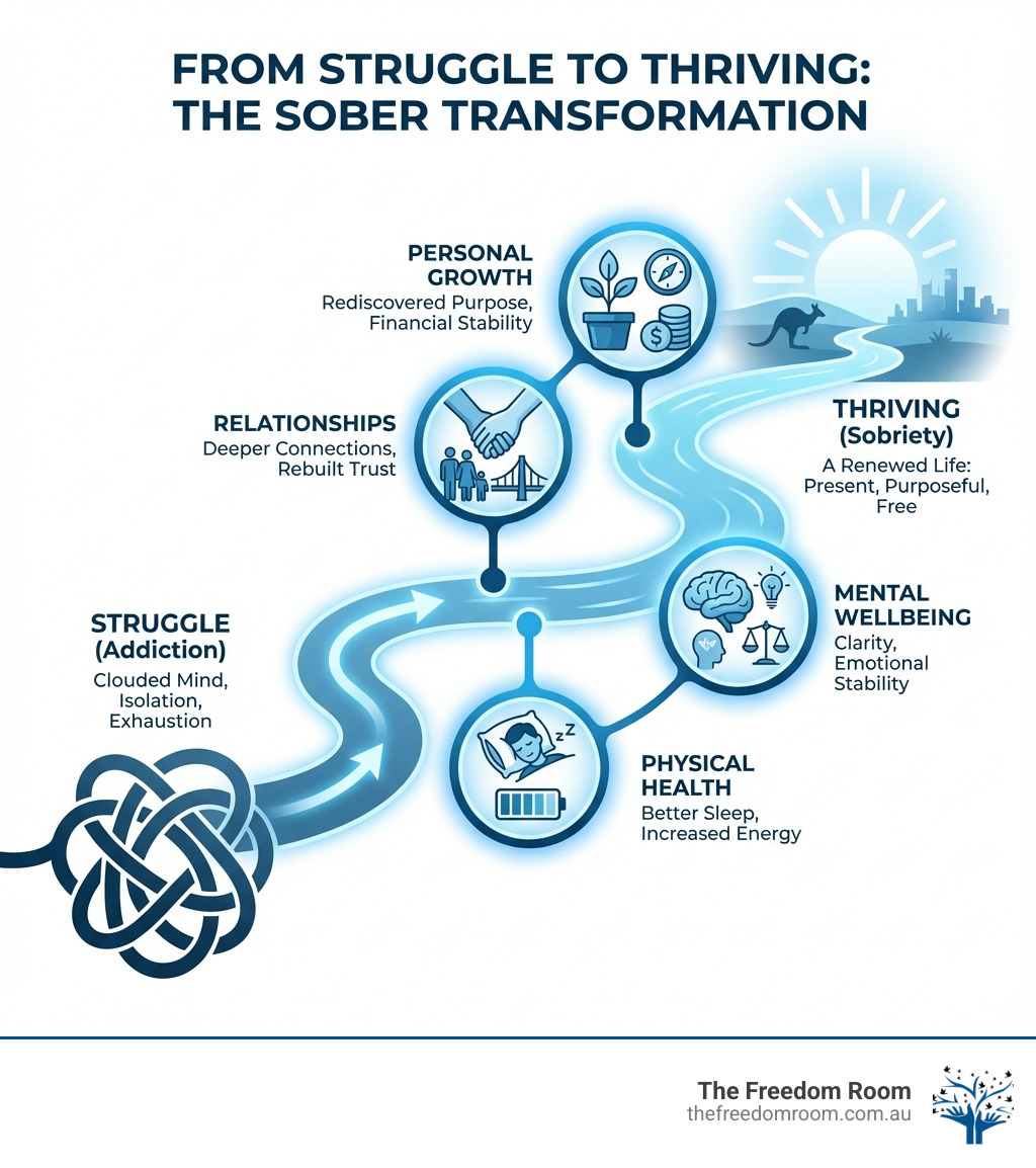 Infographic titled "The Sober Transformation," detailing the journey of how getting sober changed my life.