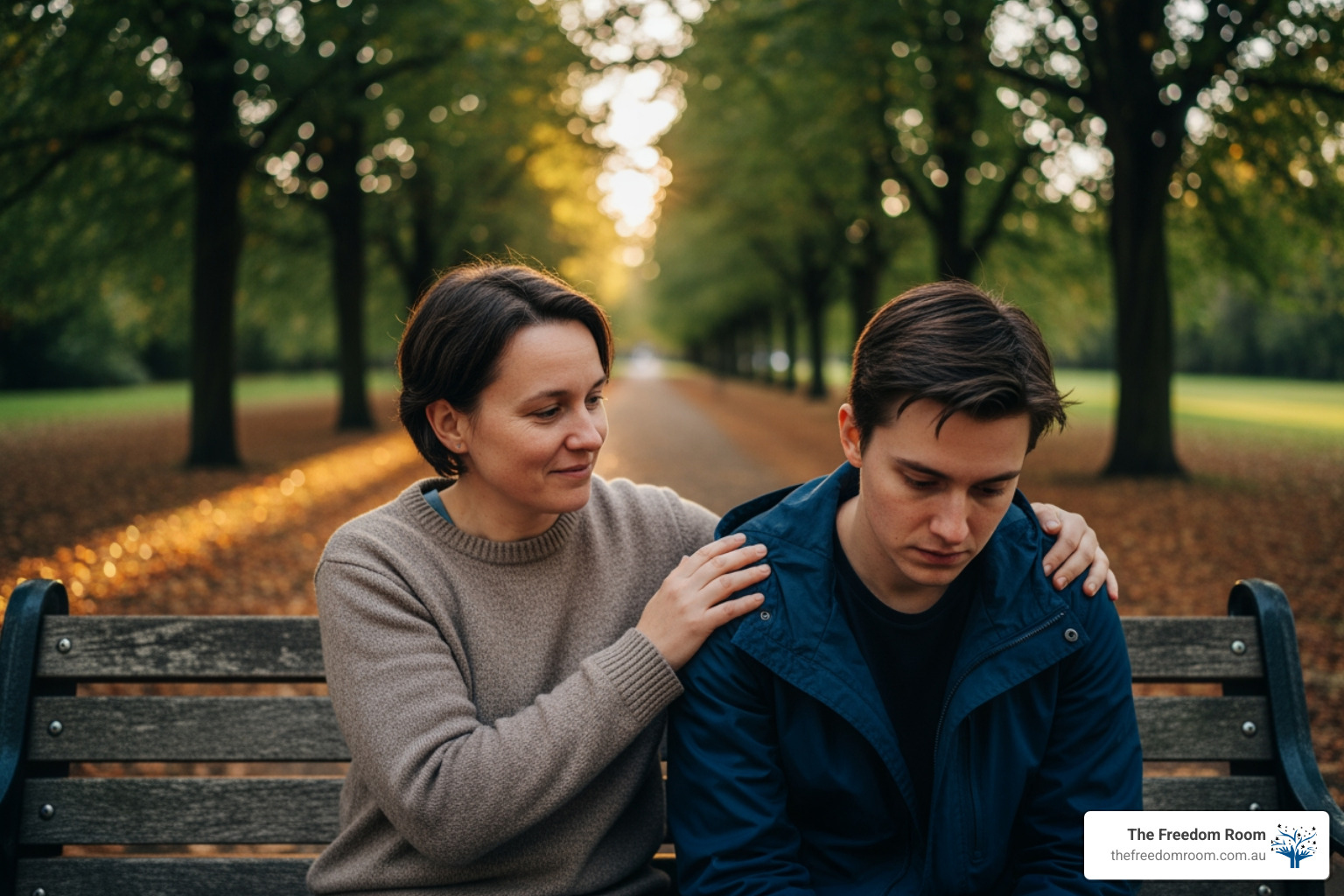 A woman offering empathetic support for grieving to a young man on a park bench during autumn.