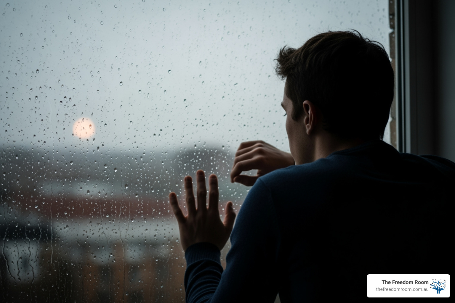 Moody image of someone staring at rain, highlighting the emotional journey and the importance of professional support for grieving.