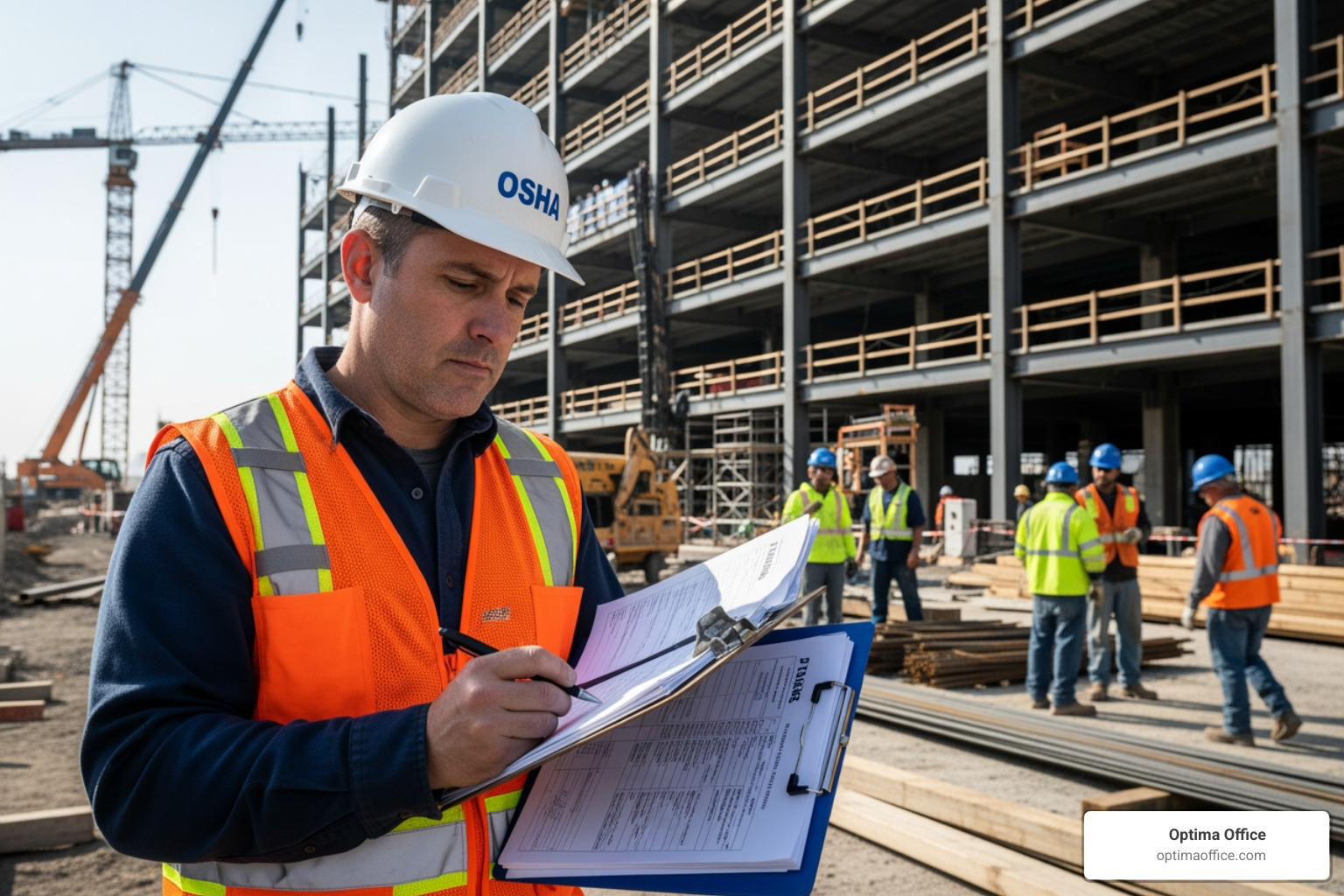 An OSHA inspector reviewing documentation on a construction worksite with a hard hat and safety vest - safety compliance An OSHA inspector reviewing documentation on a construction worksite with a hard hat and safety vest - safety compliance