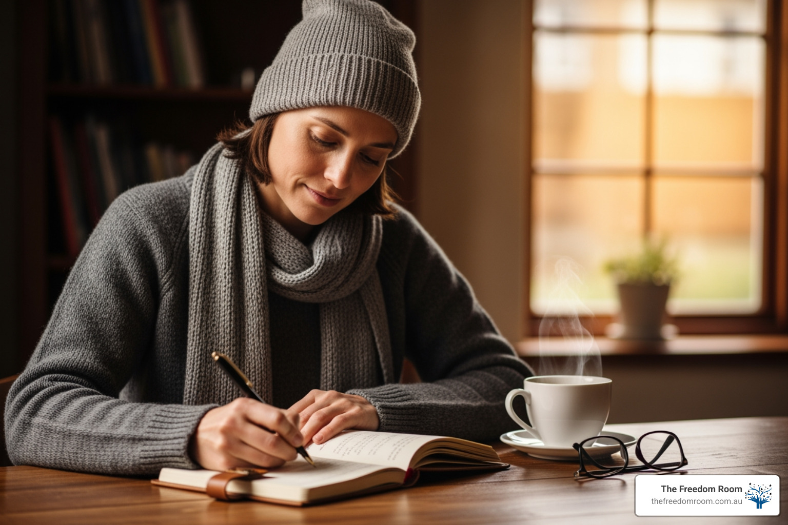 person journaling with a cup of tea, looking calm - getting sober from alcohol timeline