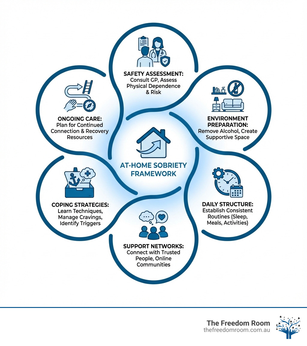 Visual guide for how to get sober at home including daily structure and coping strategies.