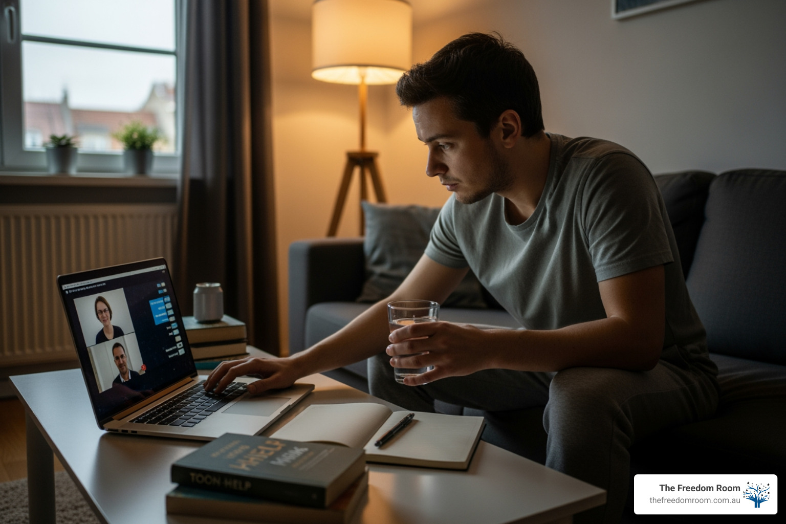 Telehealth consultation on a laptop, providing professional guidance on how to get sober at home.