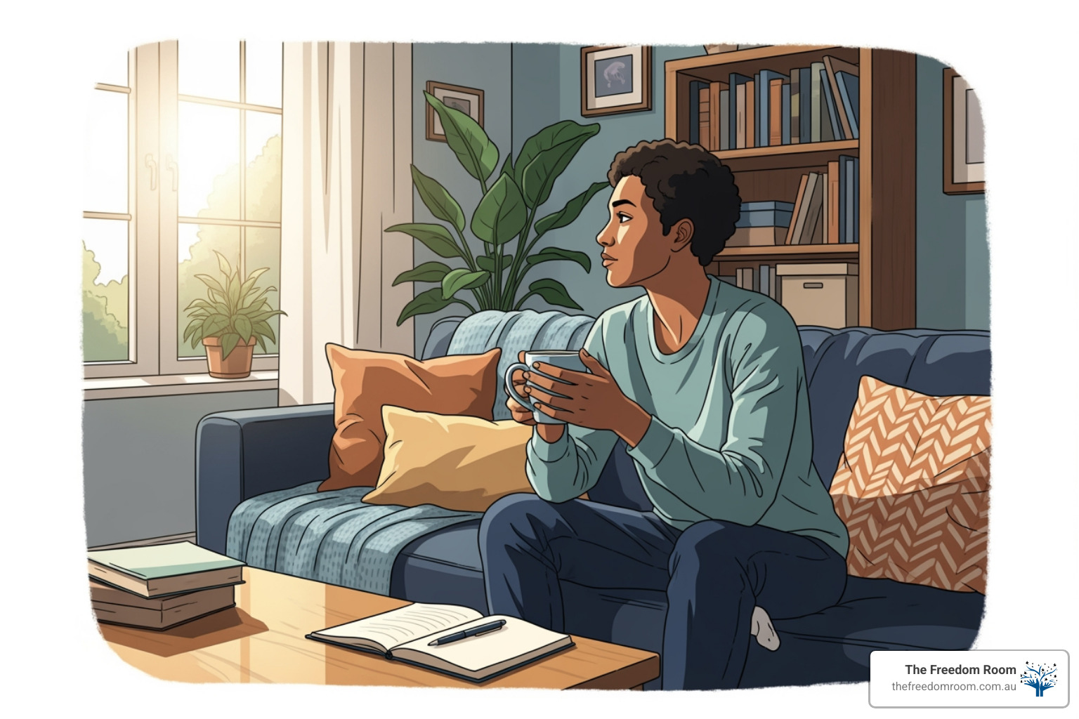 Illustration of a woman reflecting in a peaceful room, a step in how to get sober at home.