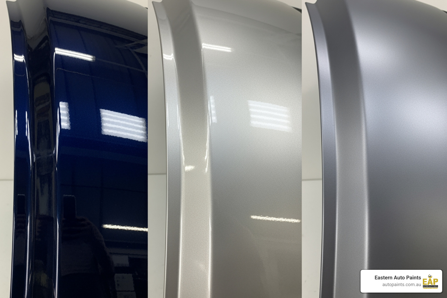 Side-by-side view of different paint finishes, illustrating how custom automotive aerosol spray paint can match gloss, metallic, and matte textures.