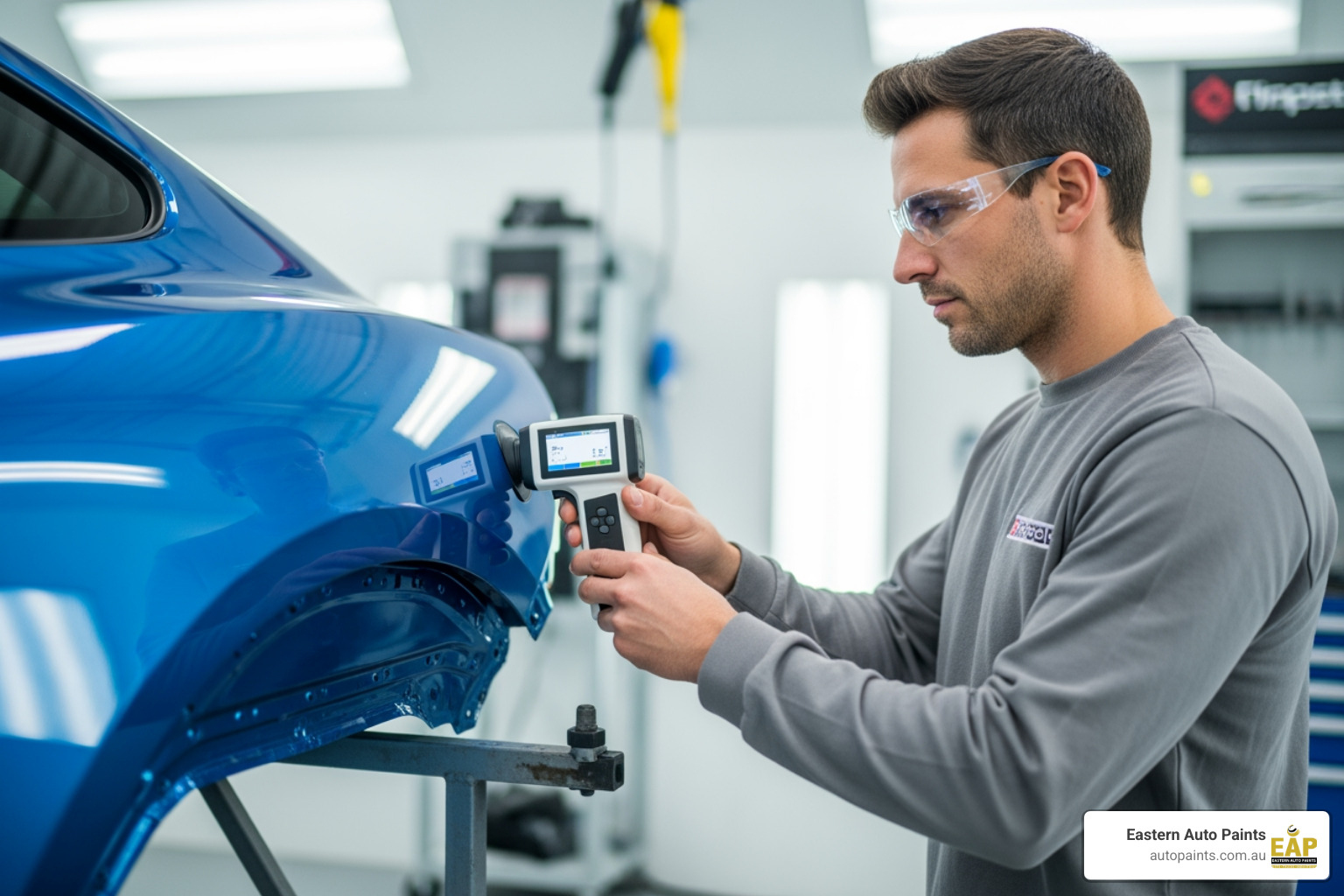 A professional technician using a digital spectrometer on a blue car to ensure a perfect match for custom automotive aerosol spray paint.