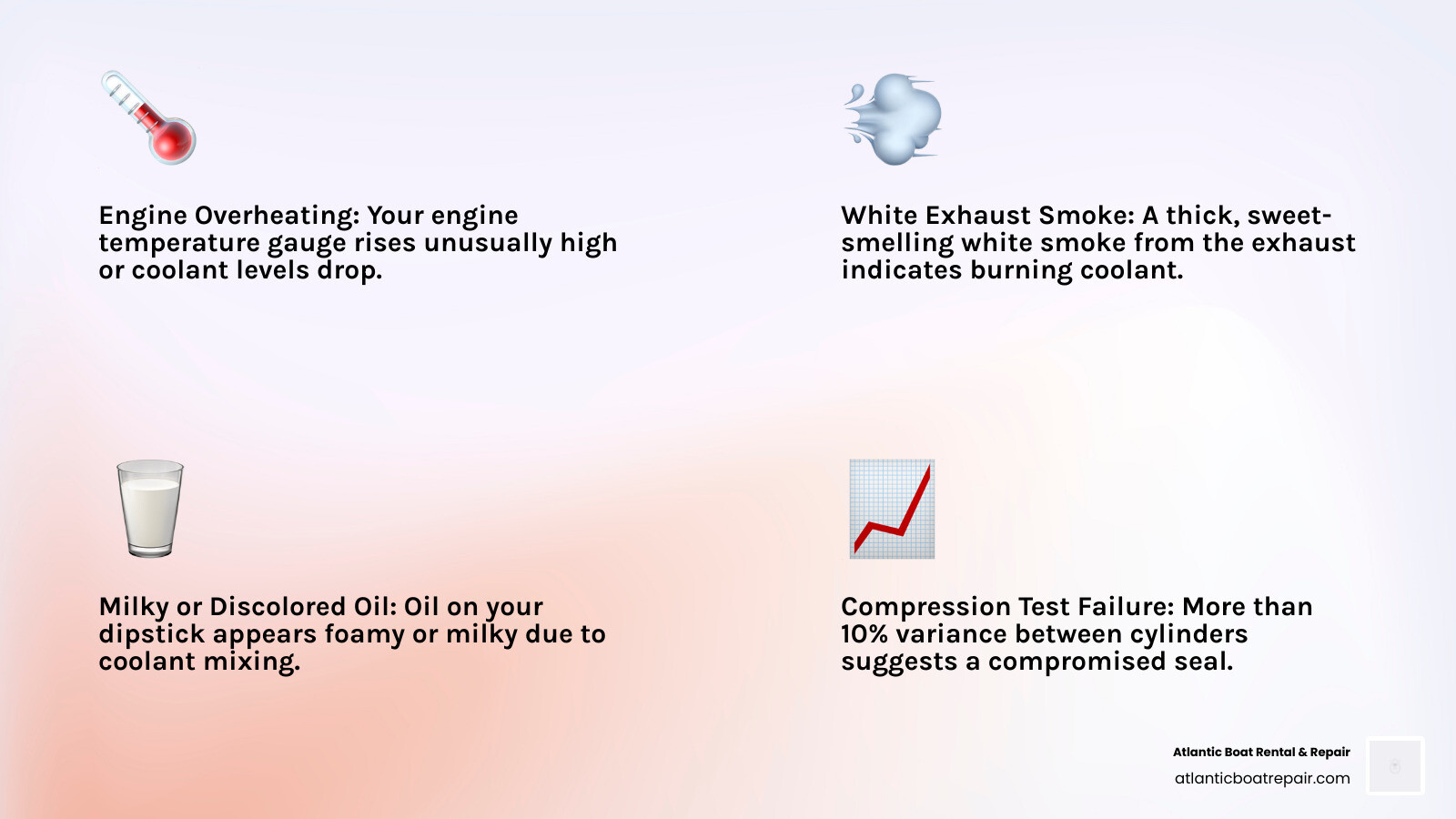 Infographic showing outboard head gasket failure symptoms: overheating gauge, white exhaust smoke from engine, milky oil dipstick, rough idle tachometer, water droplets on spark plug, and compression gauge showing 10% variance between cylinders - outboard head gasket replacement infographic 4_facts_emoji_light-gradient