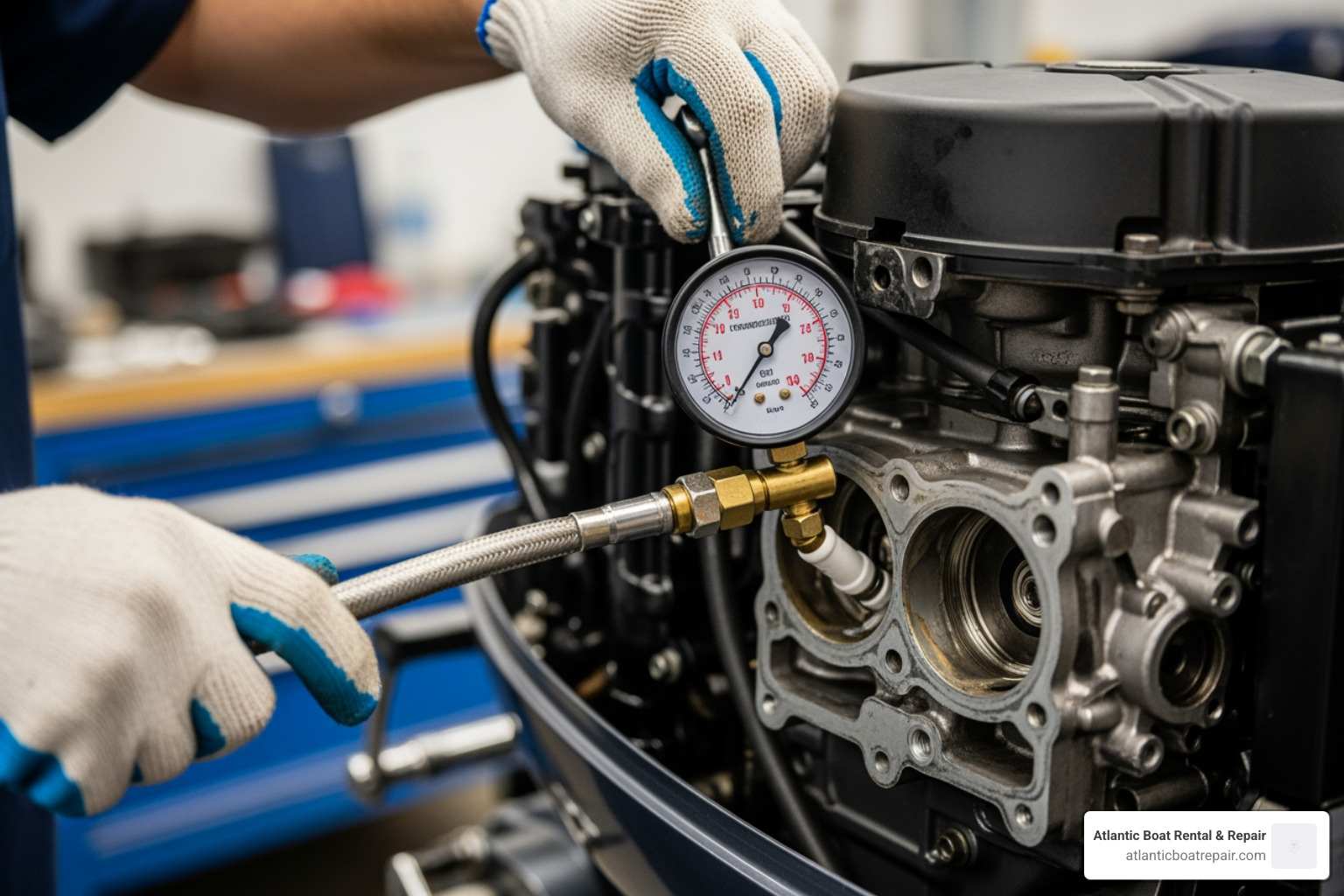 compression gauge being used on an outboard cylinder - outboard head gasket replacement