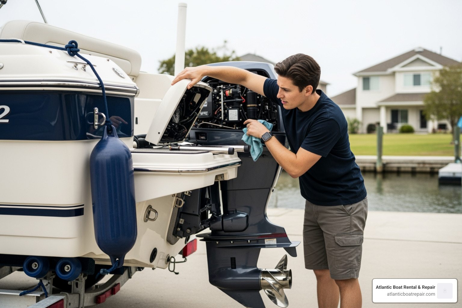 boat owner checking their outboard motor before a trip - outboard boat motors repair