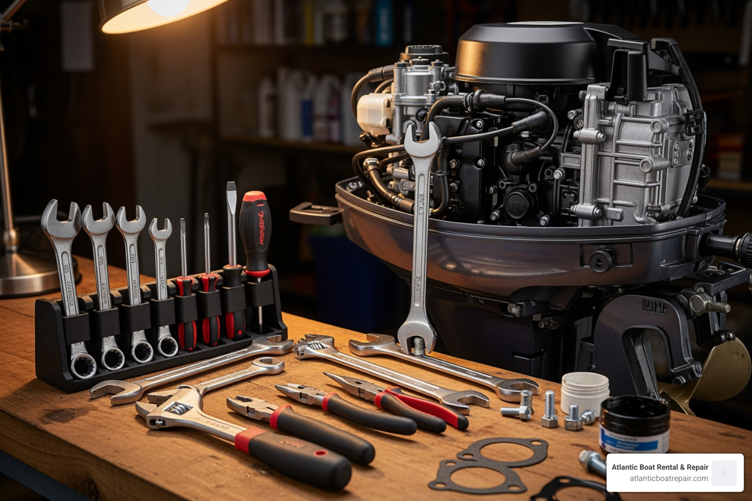 DIY toolkit next to an outboard motor - outboard boat motors repair