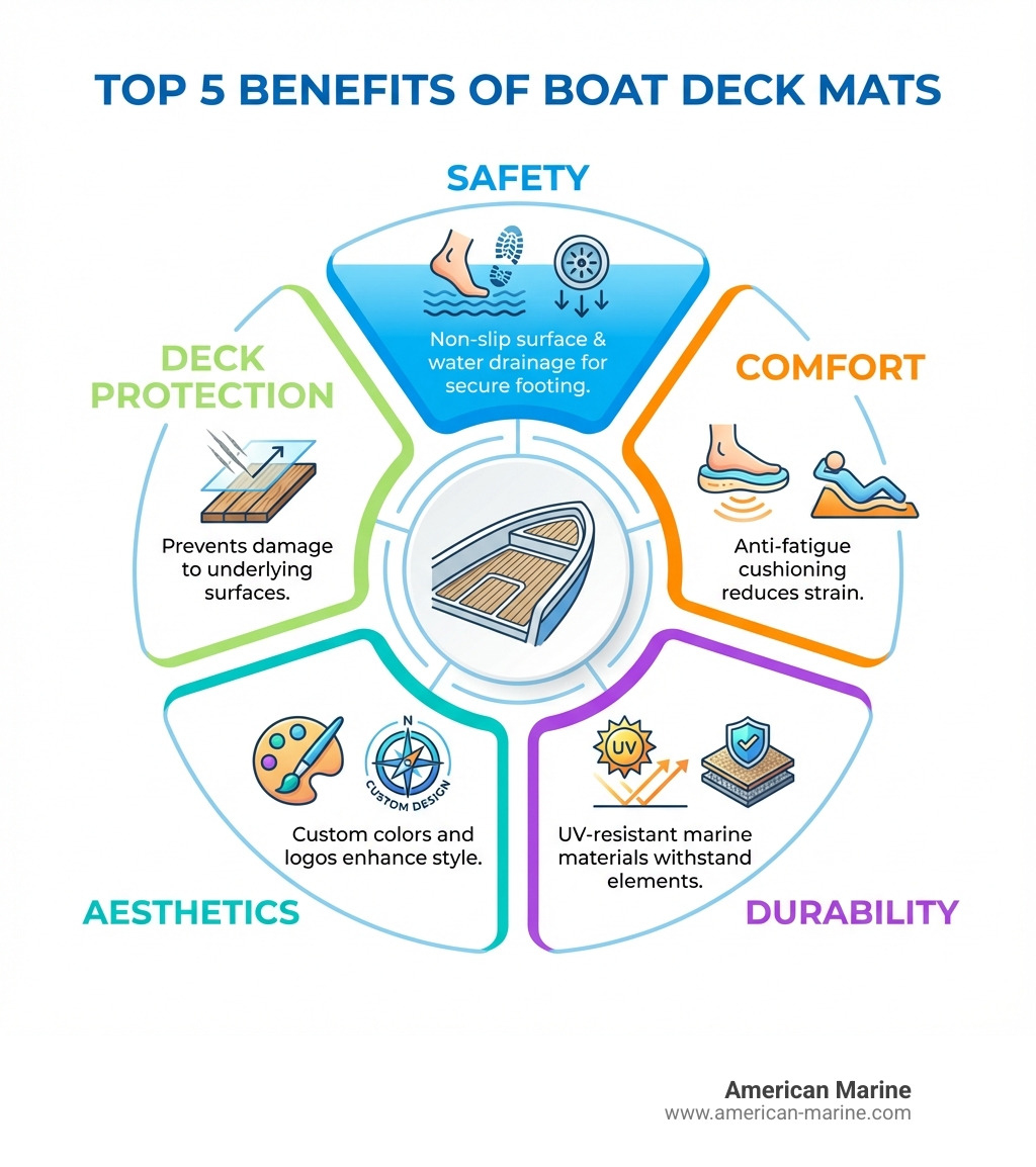 Infographic showing the top 5 benefits of boat deck mats: Safety through non-slip surfaces and water drainage, Comfort with anti-fatigue cushioning, Durability from UV-resistant marine materials, Aesthetics via custom colors and logos, and Deck Protection preventing damage to underlying surfaces - boat deck mat infographic Infographic showing the top 5 benefits of boat deck mats: Safety through non-slip surfaces and water drainage, Comfort with anti-fatigue cushioning, Durability from UV-resistant marine materials, Aesthetics via custom colors and logos, and Deck Protection preventing damage to underlying surfaces - boat deck mat infographic
